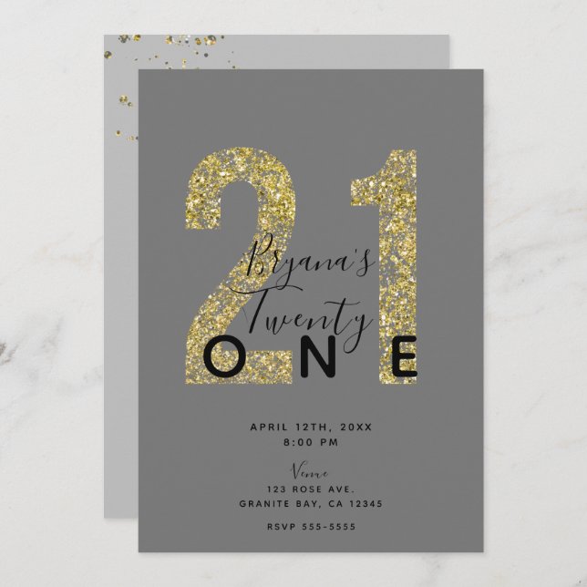 Minimal Grey Gold Flakes 21 Glitter 21st Birthday  Invitation (Front/Back)
