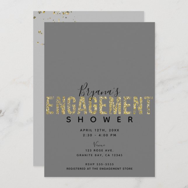 Minimal Grey Gold Flakes Glitter Engagement Shower Invitation (Front/Back)