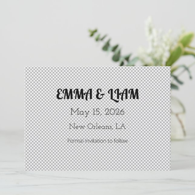 Minimal Grey Polka Dot Pattern  Save The Date (Standing Front)