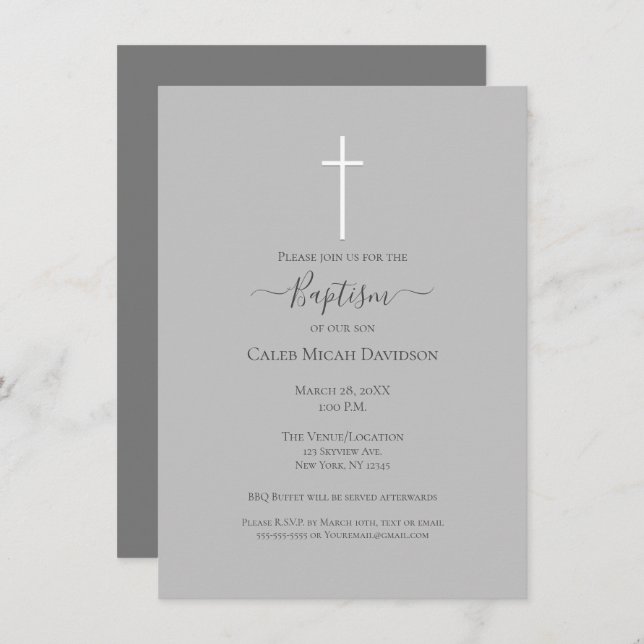 Minimal Grey & White Cross Baptism    Invitation (Front/Back)