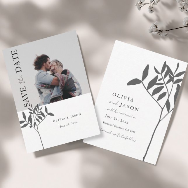 Minimal Grey & White Photo Botanical Save the Date (Creator Uploaded)