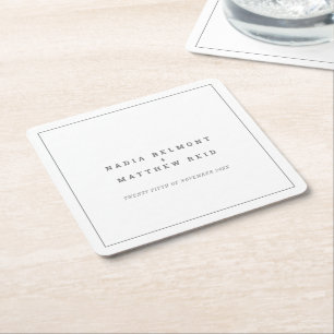 Minimal grey white simple outline wedding square paper coaster
