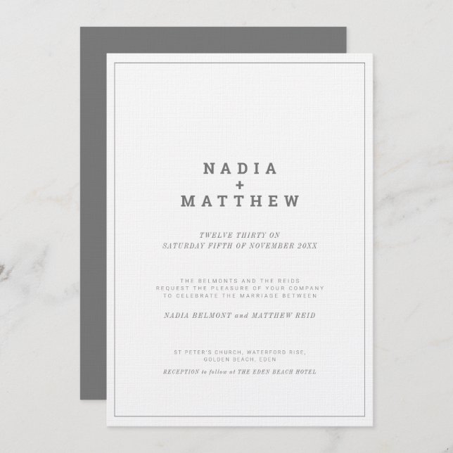 Minimal grey white vertical text wedding invitation (Front/Back)