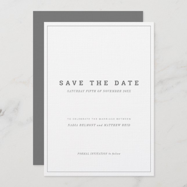 Minimal grey white vertical wedding save the date invitation (Front/Back)
