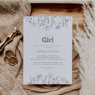 Minimal Grey Wildflower It's A Girl Baby Shower Invitation