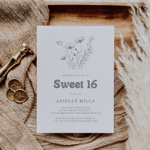 Minimal Grey Wildflower Sweet 16 Birthday Party Invitation