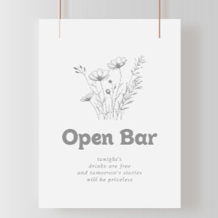 Minimal Grey Wildflower Wedding Open Bar Sign