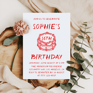 Minimal Hand Drawn Red Cake 16th Birthday Invitation