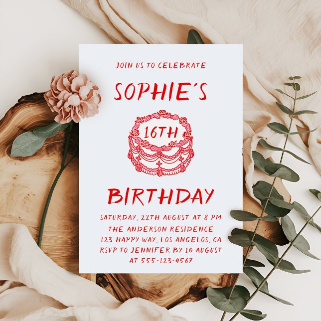 Minimal Hand Drawn Red Cake 16th Birthday Invitation (Creator Uploaded)