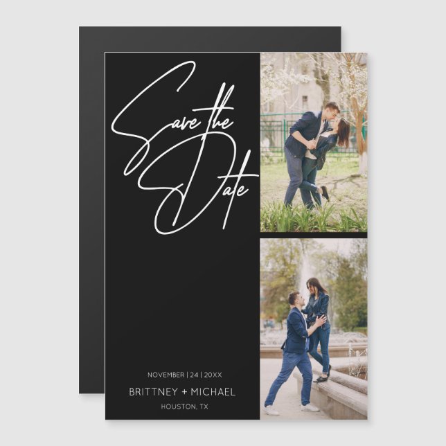 Minimal Hand Lettered Photo Collage Black Magnetic Invitation (Front/Back)