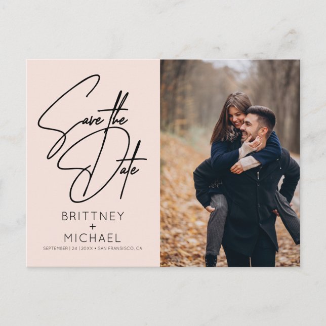 Minimal Hand Lettered Photo Save the Date Pink Announcement Postcard (Front)