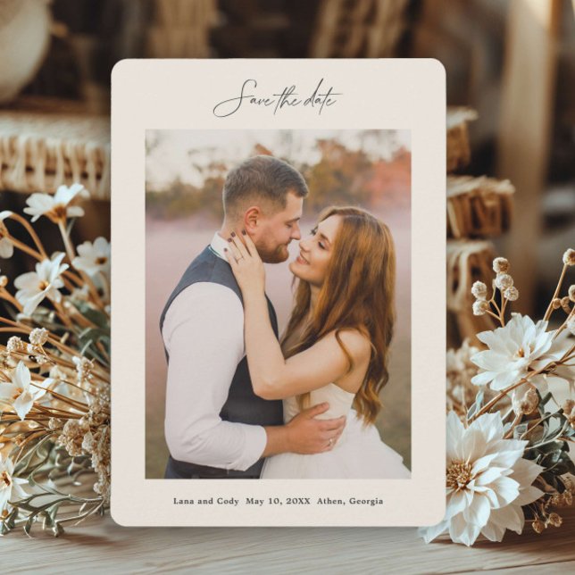 Minimal Hand Lettered Photo Wedding Save The Date (Minimal hand-lettered photo wedding save the date card.)