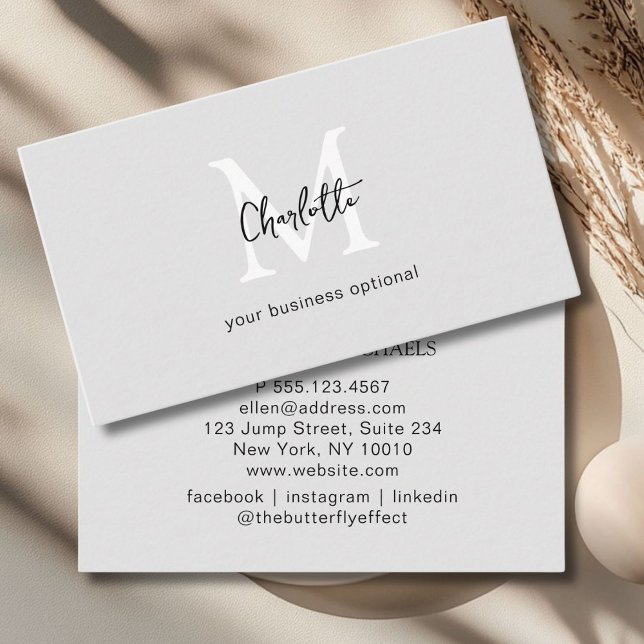 Minimal, Handwriting, Grey Business Card (Minimal, Monogram, Handwriting, Beige Business Card)