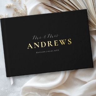 Minimal, Handwriting Script, Gold-Foil, Black Guest Book