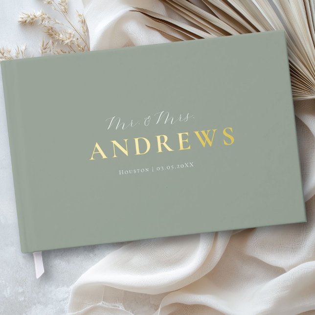 Minimal, Handwriting Script, Gold-Foil, Sage-Green Guest Book (Minimal, Handwriting Script, Gold-Foil, Sage-Green Foil Guest Book)