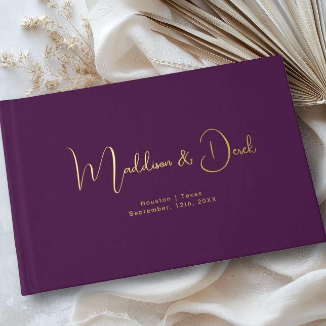 Minimal, Handwriting Script, Gold-Foil, Violet Guest Book (Personalized, Minimal, Handwriting Script, Gold-Foil, Foil Guest Book.)