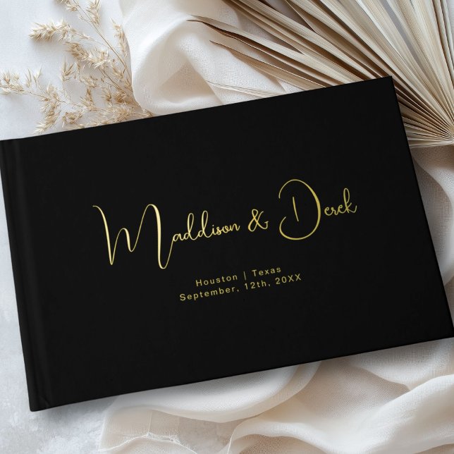 Minimal, Handwriting Script, Rose-Gold-Foil, Black Guest Book (Personalized, Minimal, Handwriting Script, Gold-Foil, Foil Guest Book.)