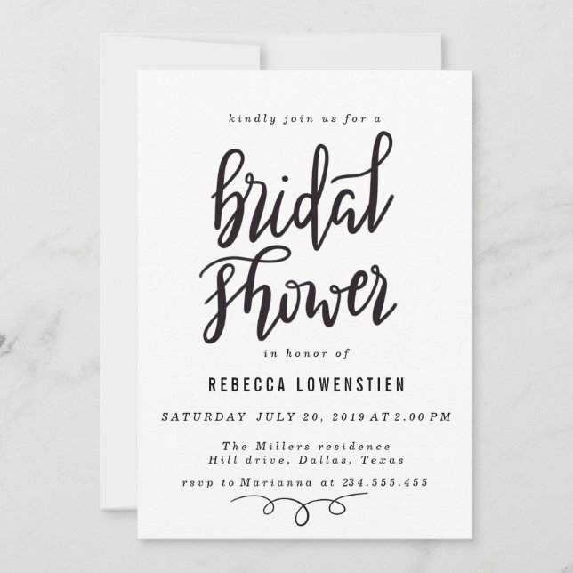 Minimal Handwritten Elegant Bridal Shower Script Invitation (Front)