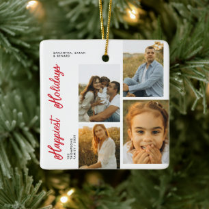Minimal Happiest Holidays Script Family 4 Photos Ceramic Ornament