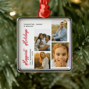 Minimal Happiest Holidays Script Family 4 Photos Metal Ornament