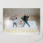 Minimal Happy Hanukkah Holiday Photo Gold Foil<br><div class="desc">Real gold foil is here; choose from gold,  rose gold or silver foil for the graphic and editable text. Add a message or more photos to the back if desired.</div>
