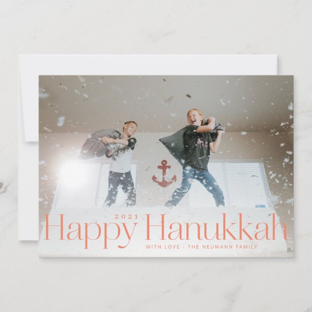Minimal Happy Hanukkah Holiday Photo Peach Card (Front)