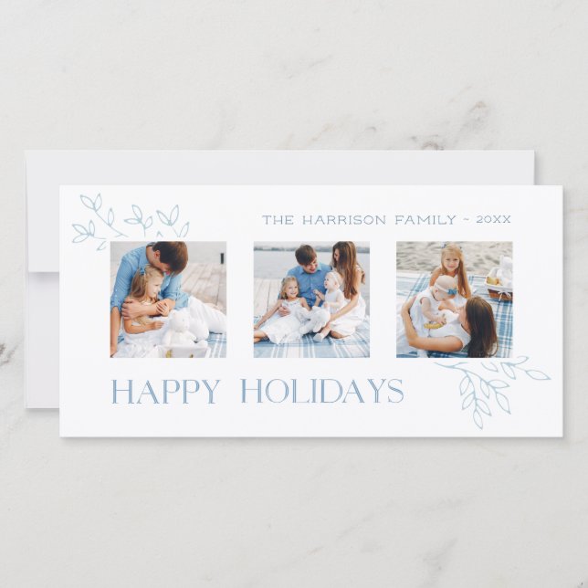 Minimal Happy Holidays Botanical 3-Photo Thank You Card (Front)