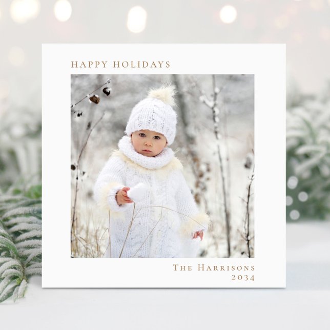 Minimal Happy Holidays Photo White Gold Christmas Holiday Card (Creator Uploaded)