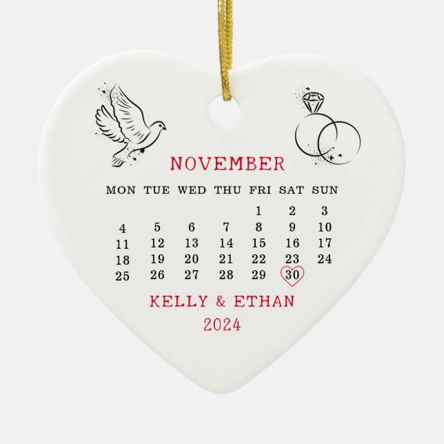 Minimal Heart Calendar Fall Wedding 2024 Ceramic Ornament (Front)