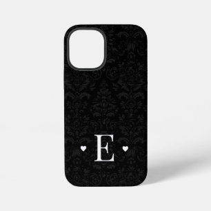 Minimal Heart Chic Initial Monogram Black Damask iPhone 12 Mini Case