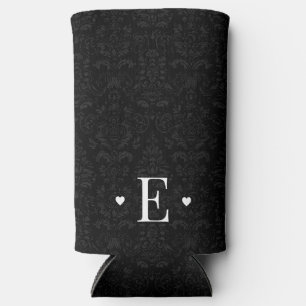 Minimal Heart Chic Initial Monogram Black Damask Seltzer Can Cooler
