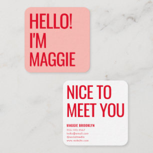 Minimal Hello Modern Clean Simple Name Red Pink Square Business Card