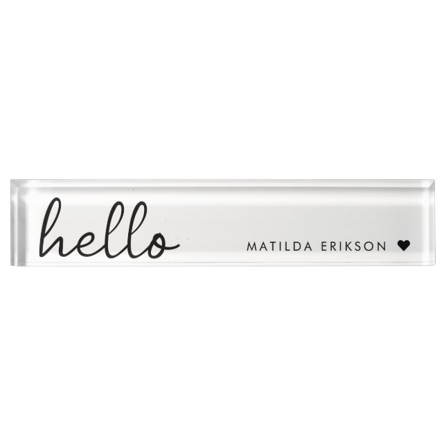 Minimal Hello | Modern Heart Clean Simple White Nameplate (Front)