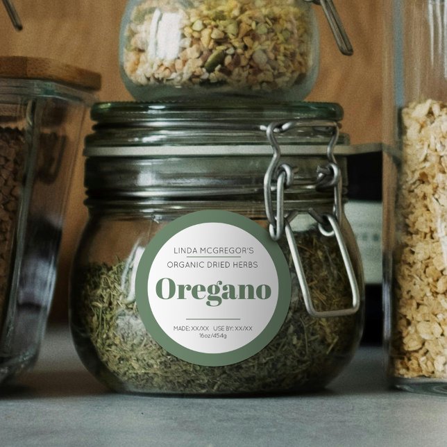 Minimal herb oregano green white jar food label (Creator Uploaded)