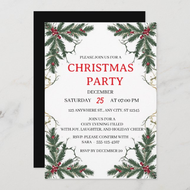 Minimal Holiday Greenery Party Invitation (Front/Back)