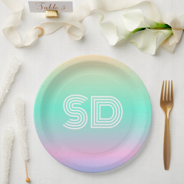 Minimal Holographic Monogram Wedding Paper Plate (Wedding)