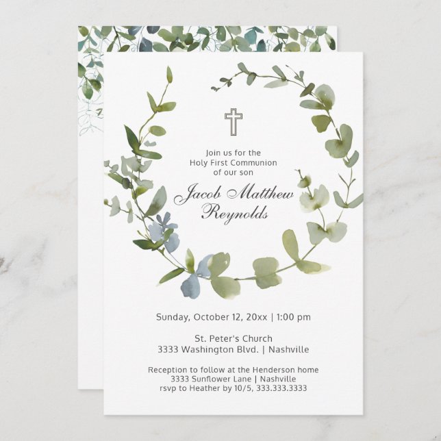 Minimal Holy Communion Eucalyptus Greenery Invitation (Front/Back)