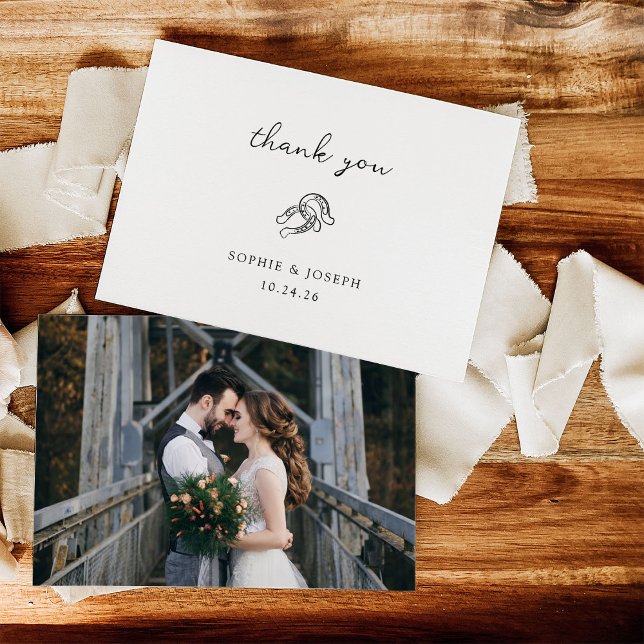 Minimal Horseshoe | Black and White Wedding Photo Thank You Card (Creator Uploaded)