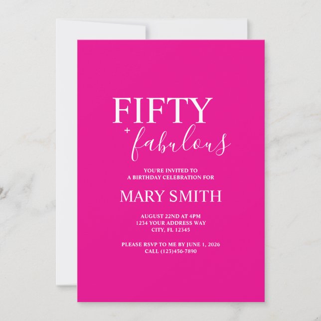 Minimal Hot Pink Fifty and Fabulous 50th Birthday Invitation (Front)