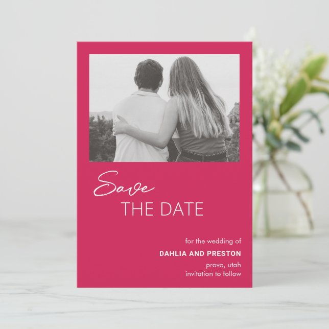 Minimal Hot Pink Photo Modern Wedding Save The Date (Standing Front)