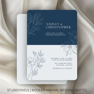 Minimal Indigo Blue Foliage Outline Wedding Invitation