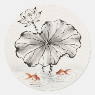 Minimal Ink Lotus and Goldfish Classic Round Sticker