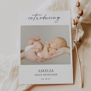 Minimal Introducing Photo Baby Announcement Card