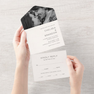 Minimal Ivory Monogram Photo Modern Wedding All In One Invitation