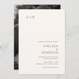 Minimal Ivory Monogram Photo Modern Wedding Invitation