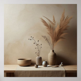 Minimal Japandi Scene with Soft Florals and Clay  Poster
