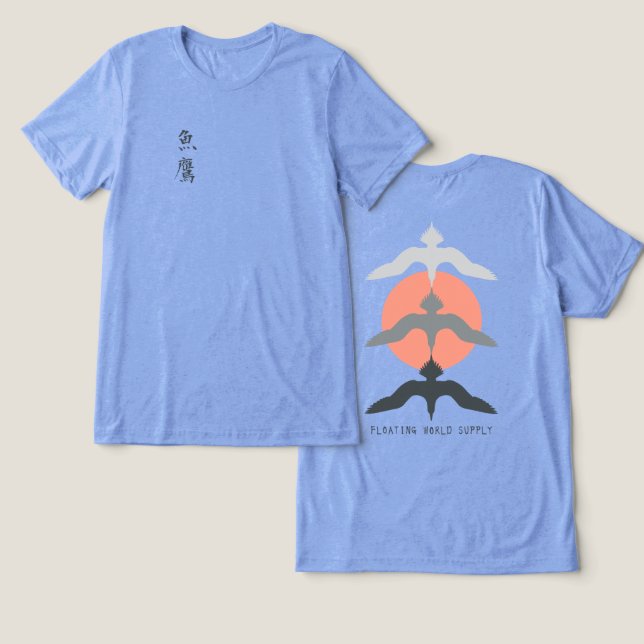 Minimal Japanese Fish Hawk Ukiyo-e Style Blue Tri-Blend Shirt (Design Front & Back)