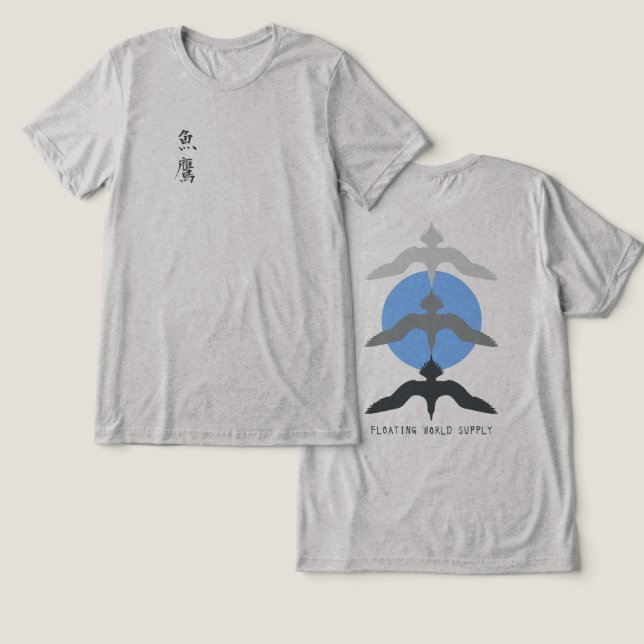 Minimal Japanese Fish Hawk Ukiyo-e Style Grey Tri-Blend Shirt (Design Front & Back)