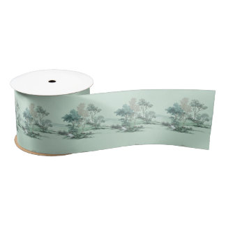 Minimal Japanese Landscape Trees Soft Green Water Satin Ribbon