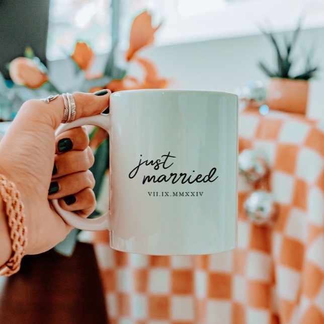 Minimal "Just Married" Script Roman Numeral Date Coffee Mug (Creator Uploaded)